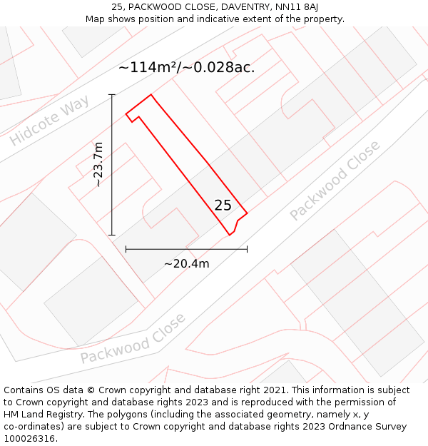 25, PACKWOOD CLOSE, DAVENTRY, NN11 8AJ: Plot and title map
