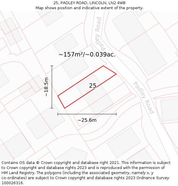 25, PADLEY ROAD, LINCOLN, LN2 4WB: Plot and title map