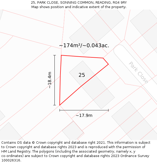 25, PARK CLOSE, SONNING COMMON, READING, RG4 9RY: Plot and title map
