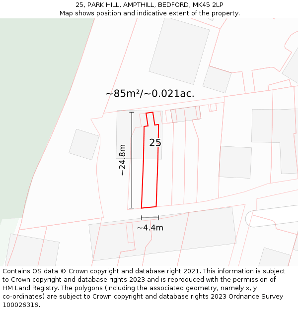 25, PARK HILL, AMPTHILL, BEDFORD, MK45 2LP: Plot and title map