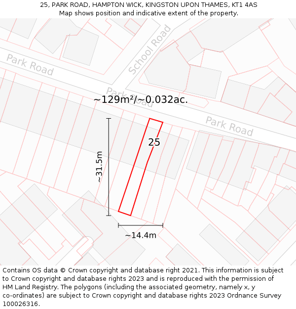 25, PARK ROAD, HAMPTON WICK, KINGSTON UPON THAMES, KT1 4AS: Plot and title map