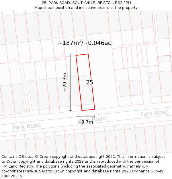 25, PARK ROAD, SOUTHVILLE, BRISTOL, BS3 1PU: Plot and title map