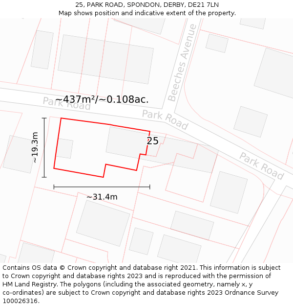 25, PARK ROAD, SPONDON, DERBY, DE21 7LN: Plot and title map
