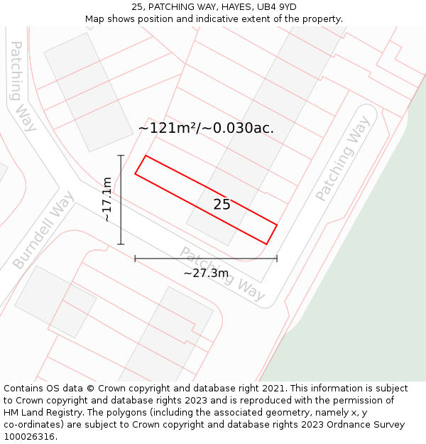 25, PATCHING WAY, HAYES, UB4 9YD: Plot and title map