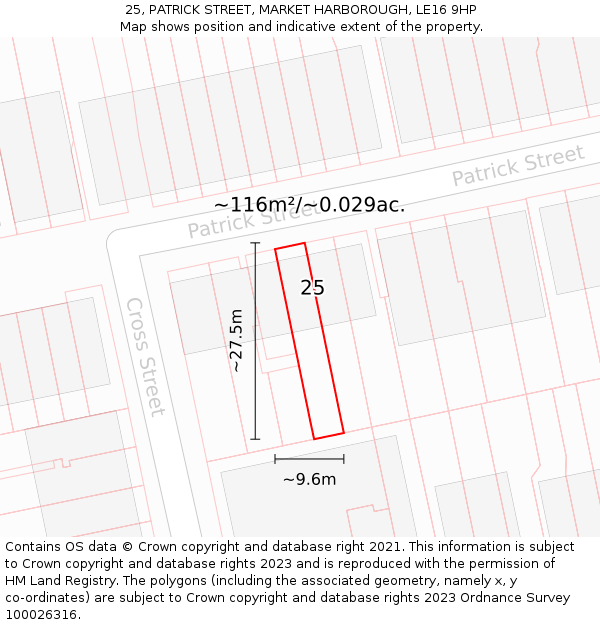 25, PATRICK STREET, MARKET HARBOROUGH, LE16 9HP: Plot and title map