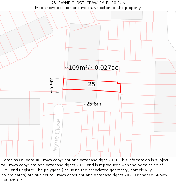25, PAYNE CLOSE, CRAWLEY, RH10 3UN: Plot and title map