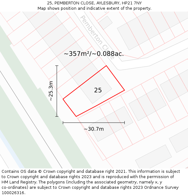 25, PEMBERTON CLOSE, AYLESBURY, HP21 7NY: Plot and title map