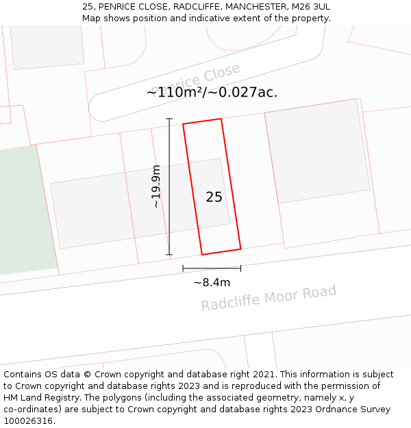 25, PENRICE CLOSE, RADCLIFFE, MANCHESTER, M26 3UL: Plot and title map