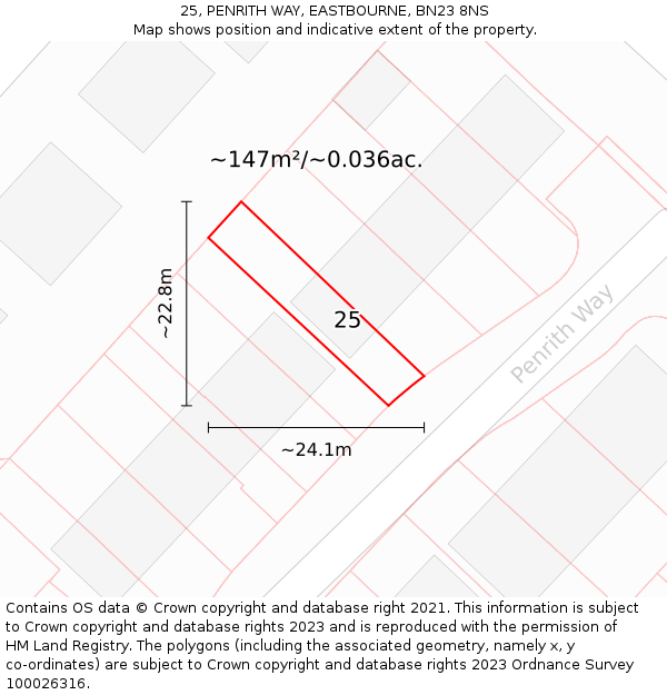25, PENRITH WAY, EASTBOURNE, BN23 8NS: Plot and title map