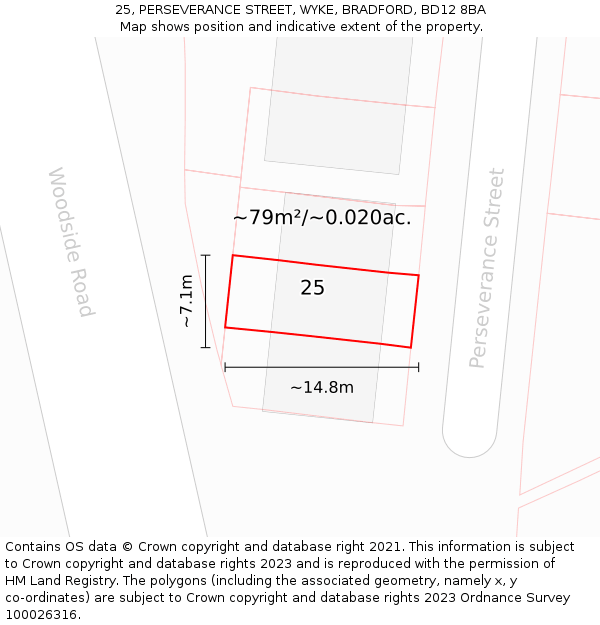 25, PERSEVERANCE STREET, WYKE, BRADFORD, BD12 8BA: Plot and title map