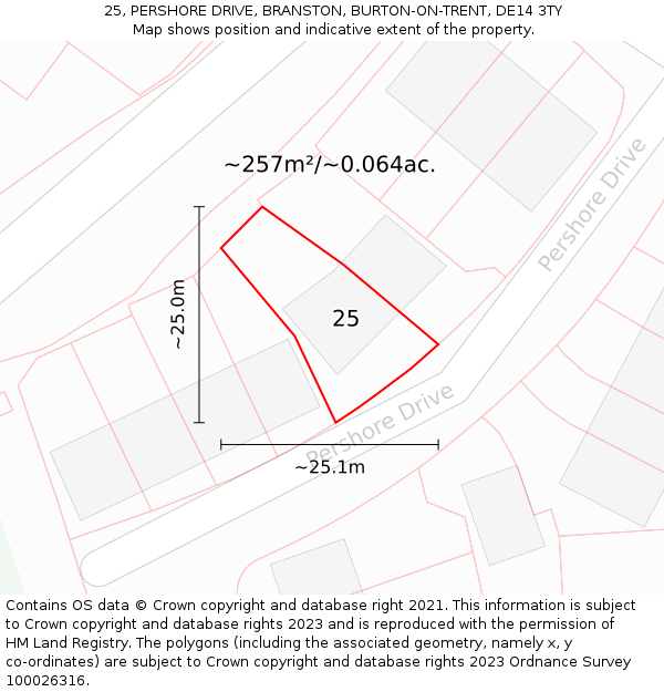 25, PERSHORE DRIVE, BRANSTON, BURTON-ON-TRENT, DE14 3TY: Plot and title map