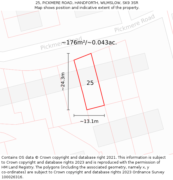 25, PICKMERE ROAD, HANDFORTH, WILMSLOW, SK9 3SR: Plot and title map