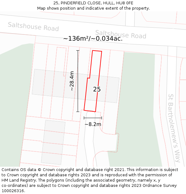25, PINDERFIELD CLOSE, HULL, HU8 0FE: Plot and title map