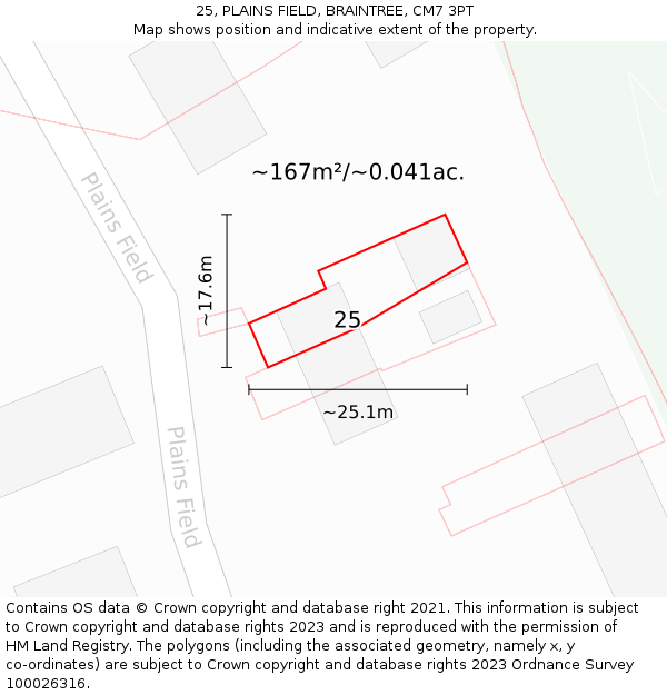 25, PLAINS FIELD, BRAINTREE, CM7 3PT: Plot and title map