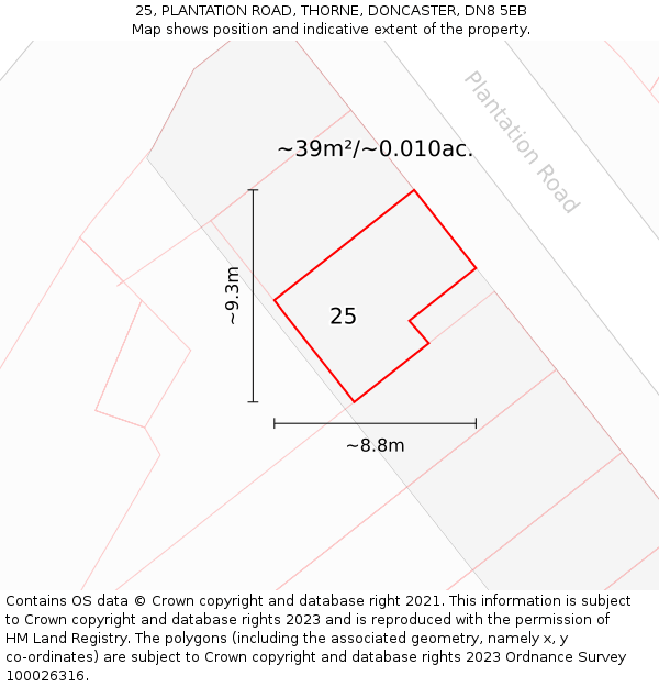 25, PLANTATION ROAD, THORNE, DONCASTER, DN8 5EB: Plot and title map