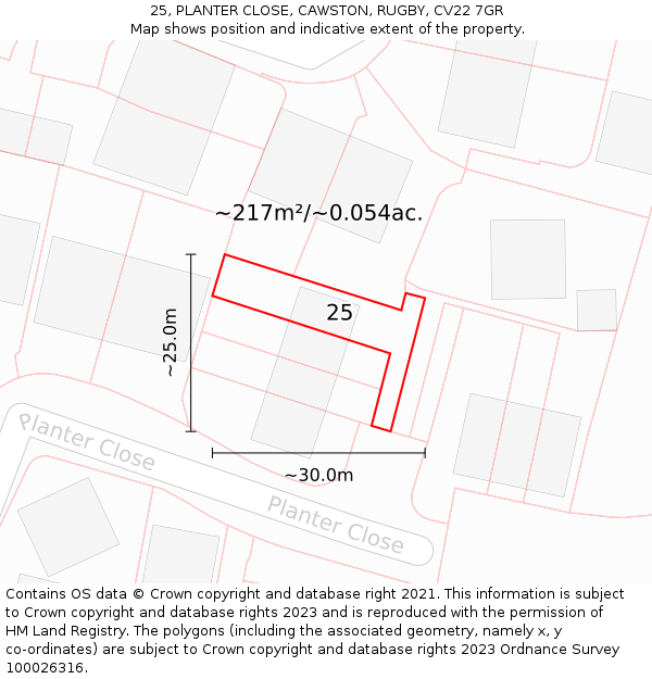 25, PLANTER CLOSE, CAWSTON, RUGBY, CV22 7GR: Plot and title map