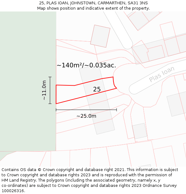 25, PLAS IOAN, JOHNSTOWN, CARMARTHEN, SA31 3NS: Plot and title map