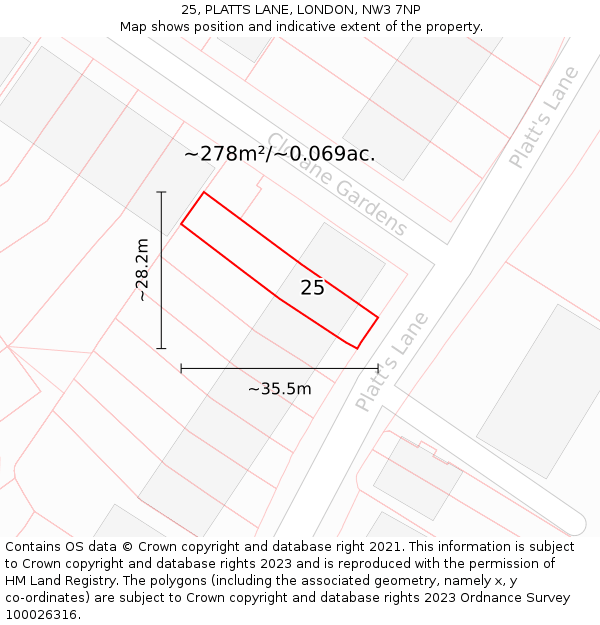 25, PLATTS LANE, LONDON, NW3 7NP: Plot and title map