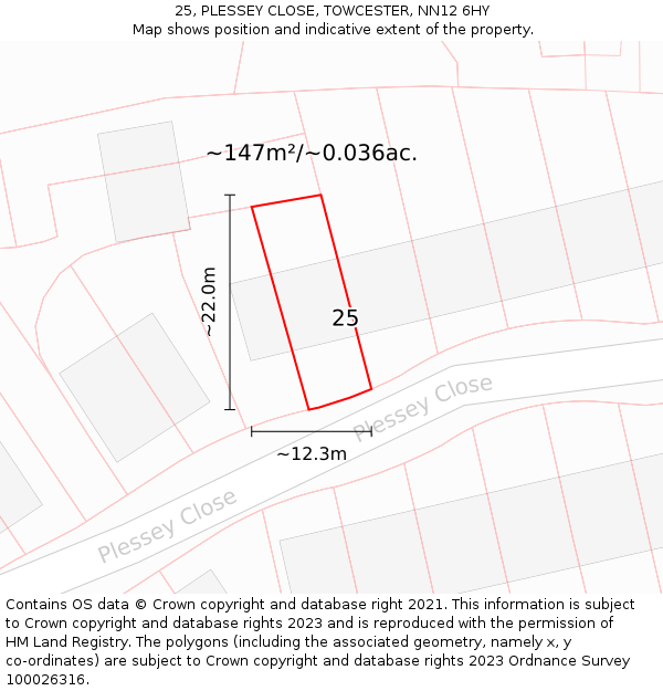 25, PLESSEY CLOSE, TOWCESTER, NN12 6HY: Plot and title map