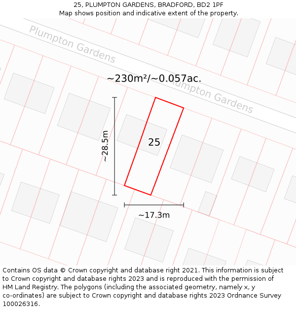 25, PLUMPTON GARDENS, BRADFORD, BD2 1PF: Plot and title map