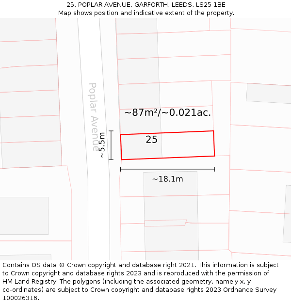 25, POPLAR AVENUE, GARFORTH, LEEDS, LS25 1BE: Plot and title map