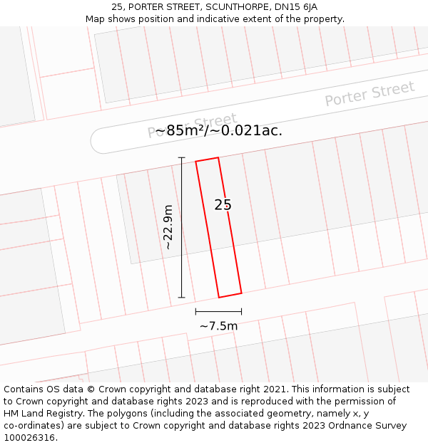 25, PORTER STREET, SCUNTHORPE, DN15 6JA: Plot and title map