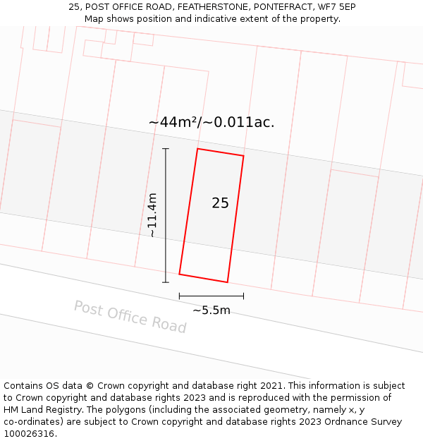 25, POST OFFICE ROAD, FEATHERSTONE, PONTEFRACT, WF7 5EP: Plot and title map