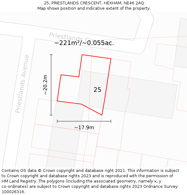 25, PRIESTLANDS CRESCENT, HEXHAM, NE46 2AQ: Plot and title map