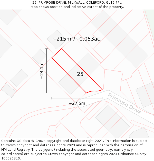25, PRIMROSE DRIVE, MILKWALL, COLEFORD, GL16 7PU: Plot and title map