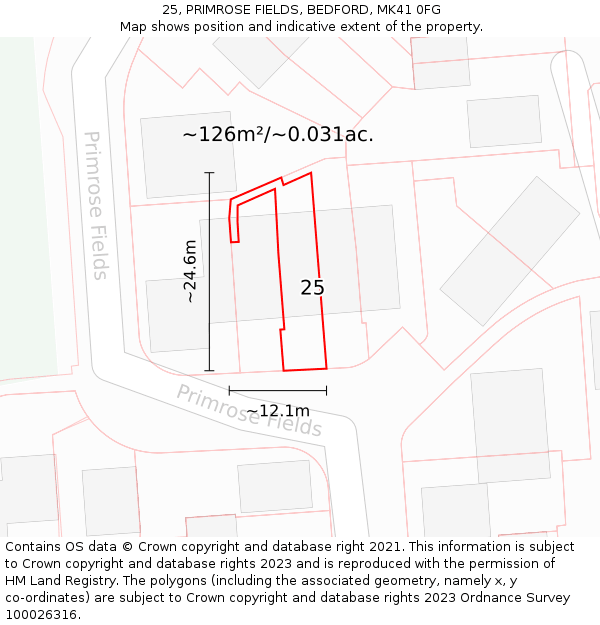 25, PRIMROSE FIELDS, BEDFORD, MK41 0FG: Plot and title map