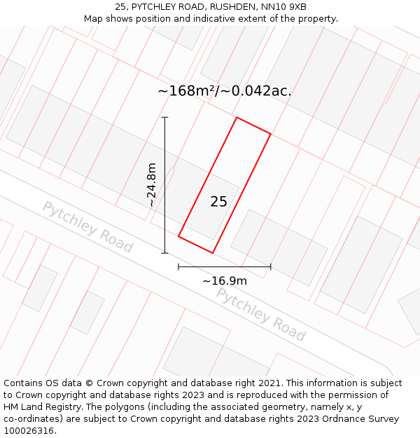 25, PYTCHLEY ROAD, RUSHDEN, NN10 9XB: Plot and title map