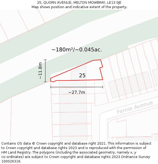 25, QUORN AVENUE, MELTON MOWBRAY, LE13 0JE: Plot and title map