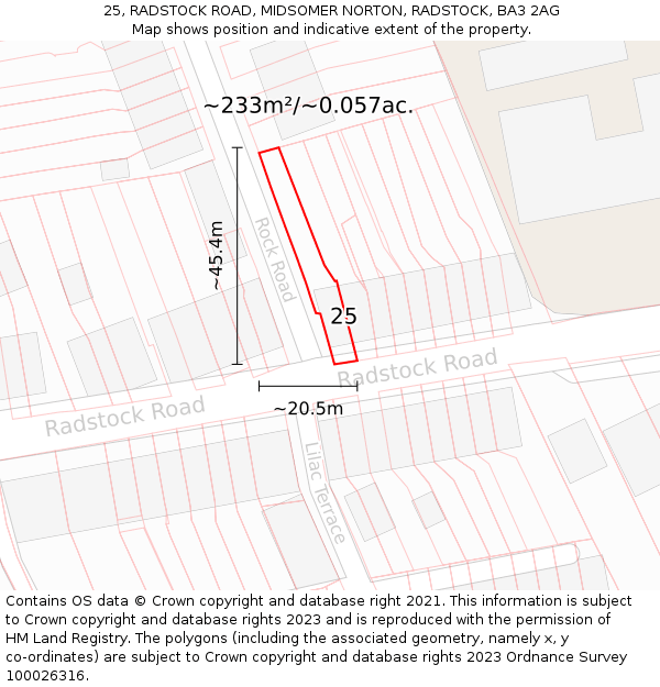 25, RADSTOCK ROAD, MIDSOMER NORTON, RADSTOCK, BA3 2AG: Plot and title map