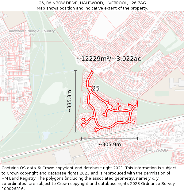 25, RAINBOW DRIVE, HALEWOOD, LIVERPOOL, L26 7AG: Plot and title map