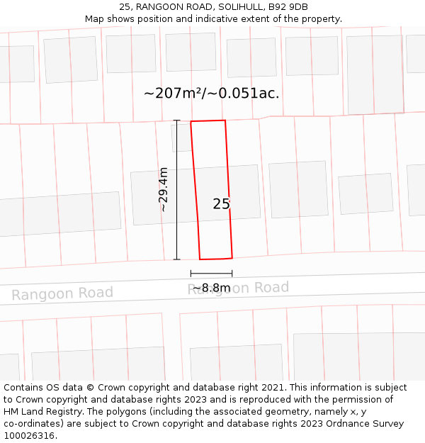 25, RANGOON ROAD, SOLIHULL, B92 9DB: Plot and title map