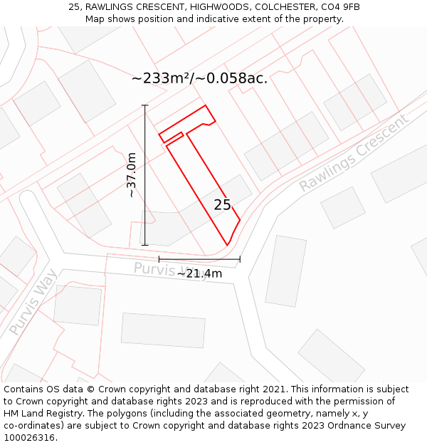 25, RAWLINGS CRESCENT, HIGHWOODS, COLCHESTER, CO4 9FB: Plot and title map