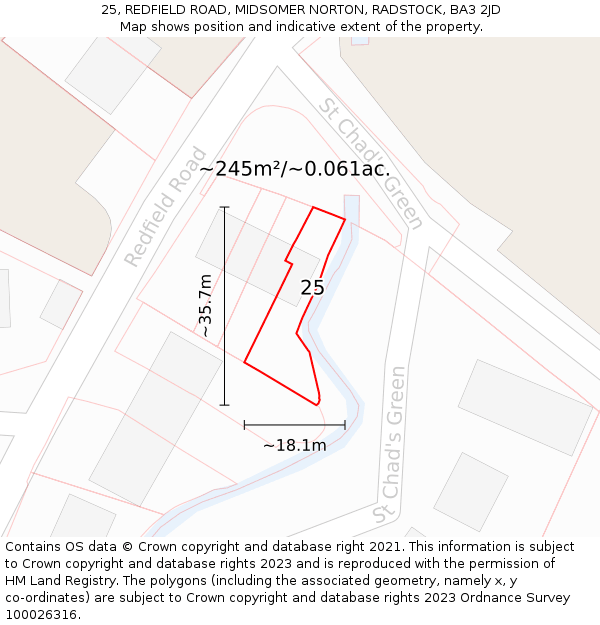25, REDFIELD ROAD, MIDSOMER NORTON, RADSTOCK, BA3 2JD: Plot and title map
