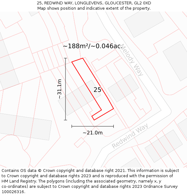 25, REDWIND WAY, LONGLEVENS, GLOUCESTER, GL2 0XD: Plot and title map