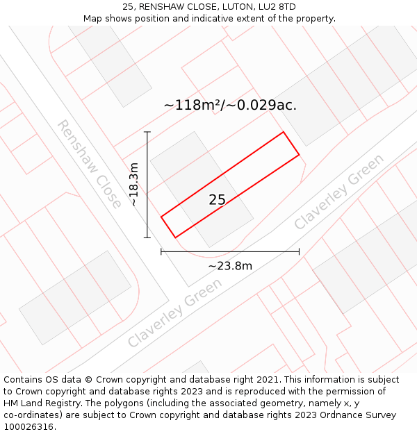 25, RENSHAW CLOSE, LUTON, LU2 8TD: Plot and title map