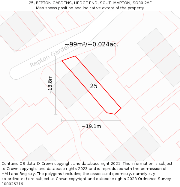 25, REPTON GARDENS, HEDGE END, SOUTHAMPTON, SO30 2AE: Plot and title map