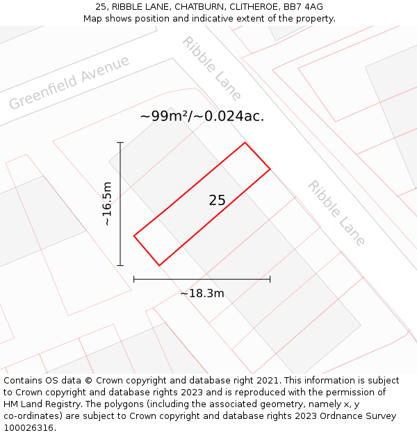 25, RIBBLE LANE, CHATBURN, CLITHEROE, BB7 4AG: Plot and title map