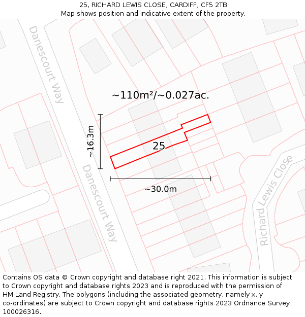 25, RICHARD LEWIS CLOSE, CARDIFF, CF5 2TB: Plot and title map