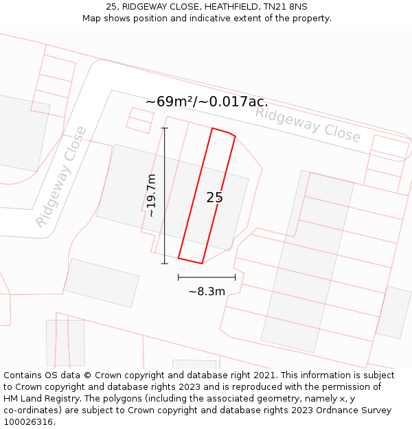 25, RIDGEWAY CLOSE, HEATHFIELD, TN21 8NS: Plot and title map