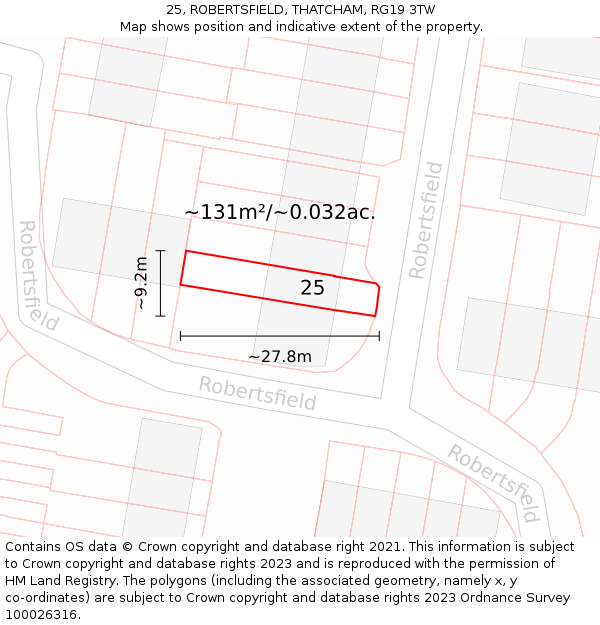 25, ROBERTSFIELD, THATCHAM, RG19 3TW: Plot and title map