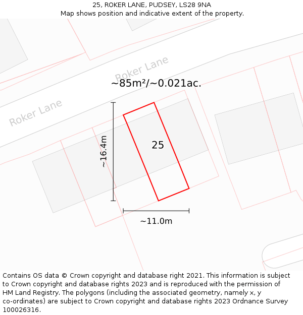 25, ROKER LANE, PUDSEY, LS28 9NA: Plot and title map