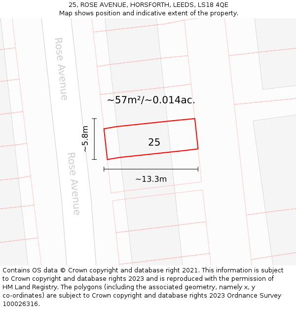 25, ROSE AVENUE, HORSFORTH, LEEDS, LS18 4QE: Plot and title map