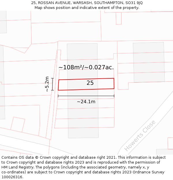 25, ROSSAN AVENUE, WARSASH, SOUTHAMPTON, SO31 9JQ: Plot and title map