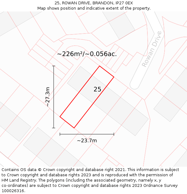 25, ROWAN DRIVE, BRANDON, IP27 0EX: Plot and title map