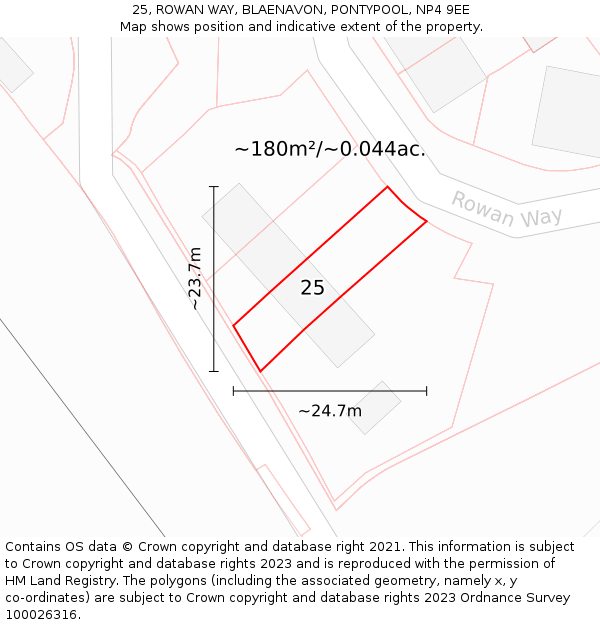 25, ROWAN WAY, BLAENAVON, PONTYPOOL, NP4 9EE: Plot and title map