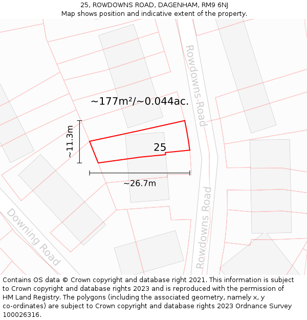25, ROWDOWNS ROAD, DAGENHAM, RM9 6NJ: Plot and title map